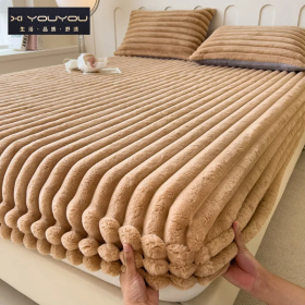 2024 New Style Solid Color Plush Bed Sheet Bubble Fleece Rabbit Cover Milk Fleece Fitted Bed - Coffee Bean