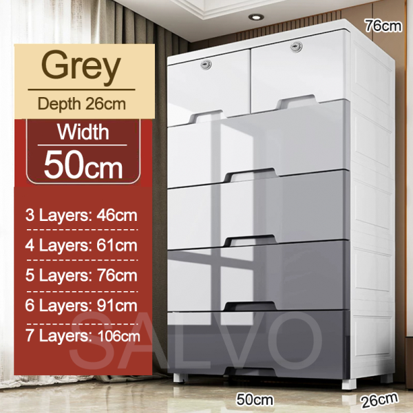 Drawer Storage Cabinet Plastic Storage Wardrobe with Lock - Grey (5 Tier) L50cm