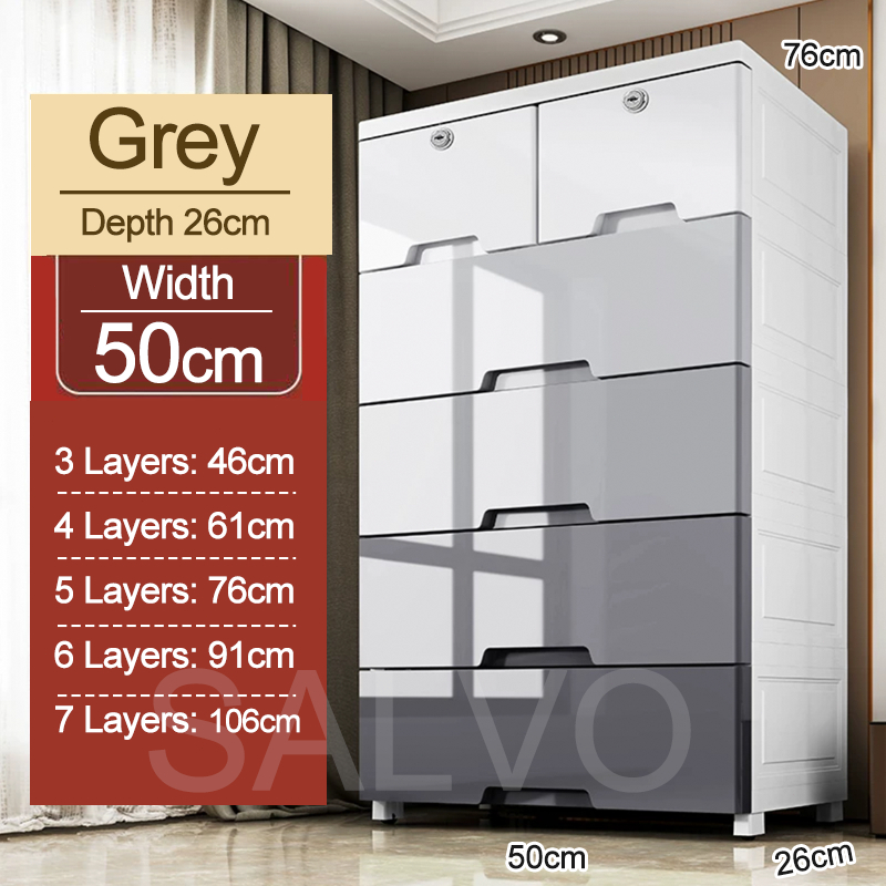 Drawer Storage Cabinet Plastic Storage Wardrobe with Lock - Grey (5 Tier) L50cm - Image 1