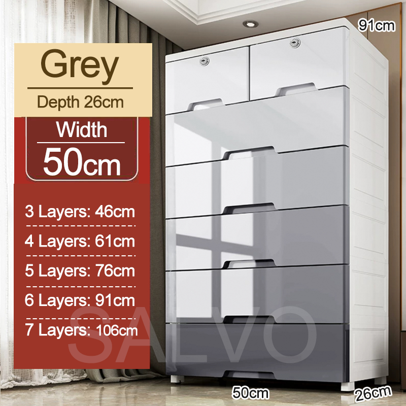 Drawer Storage Cabinet Plastic Storage Wardrobe with Lock - Grey (6 Tier) L50cm - Image 1
