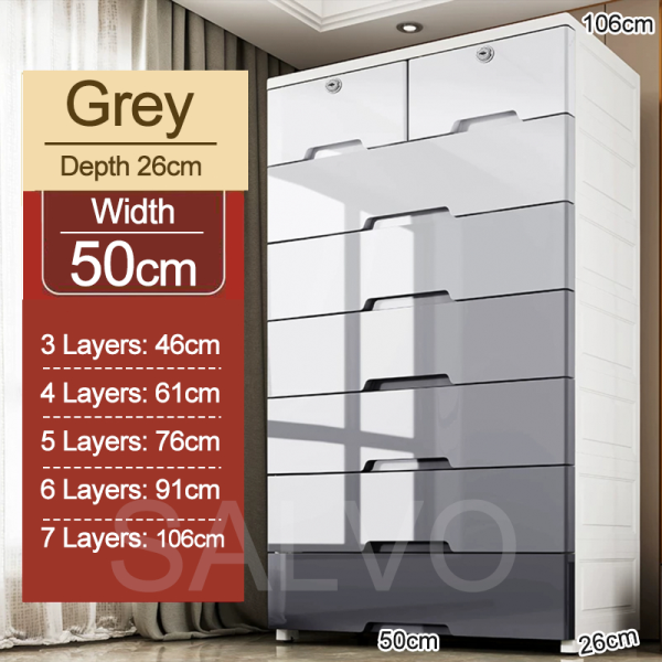 Drawer Storage Cabinet Plastic Storage Wardrobe with Lock - Grey (7 Tier) L50cm