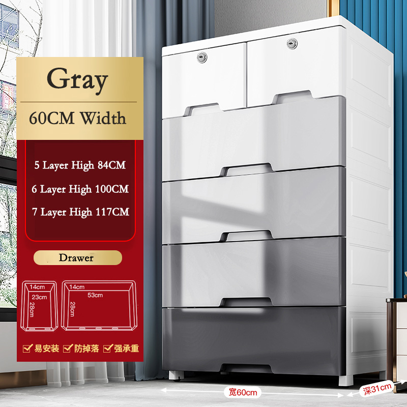 Drawer Storage Cabinet Plastic Storage Wardrobe with Lock - Grey (5 Tier) L60cm - Image 1