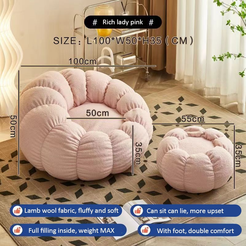 Lazy sofa Couch Lounge Mute Chair Armchair Small Pumpkin Chair Living Room Bedroom Bean Bag Cover with Filling - Pink - Image 1