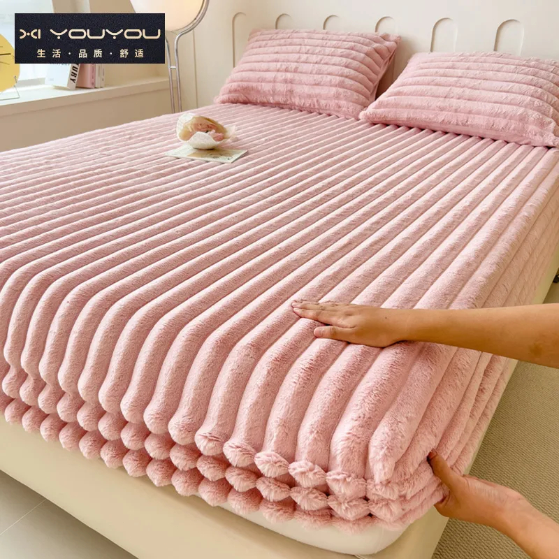2024 New Style Solid Color Plush Bed Sheet Bubble Fleece Rabbit Cover Milk Fleece Fitted Bed - Pink - Image 1