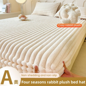 2024 New Style Solid Color Plush Bed Sheet Bubble Fleece Rabbit Cover Milk Fleece Fitted Bed - Rose Red - Image 4