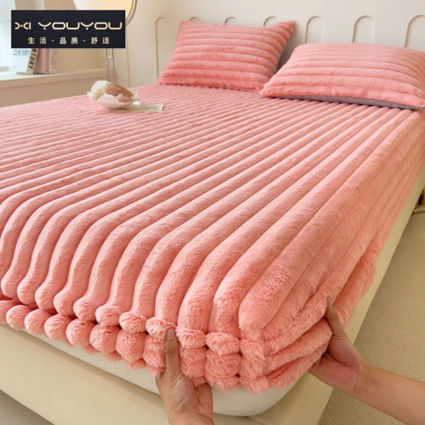 2024 New Style Solid Color Plush Bed Sheet Bubble Fleece Rabbit Cover Milk Fleece Fitted Bed - Rose Red