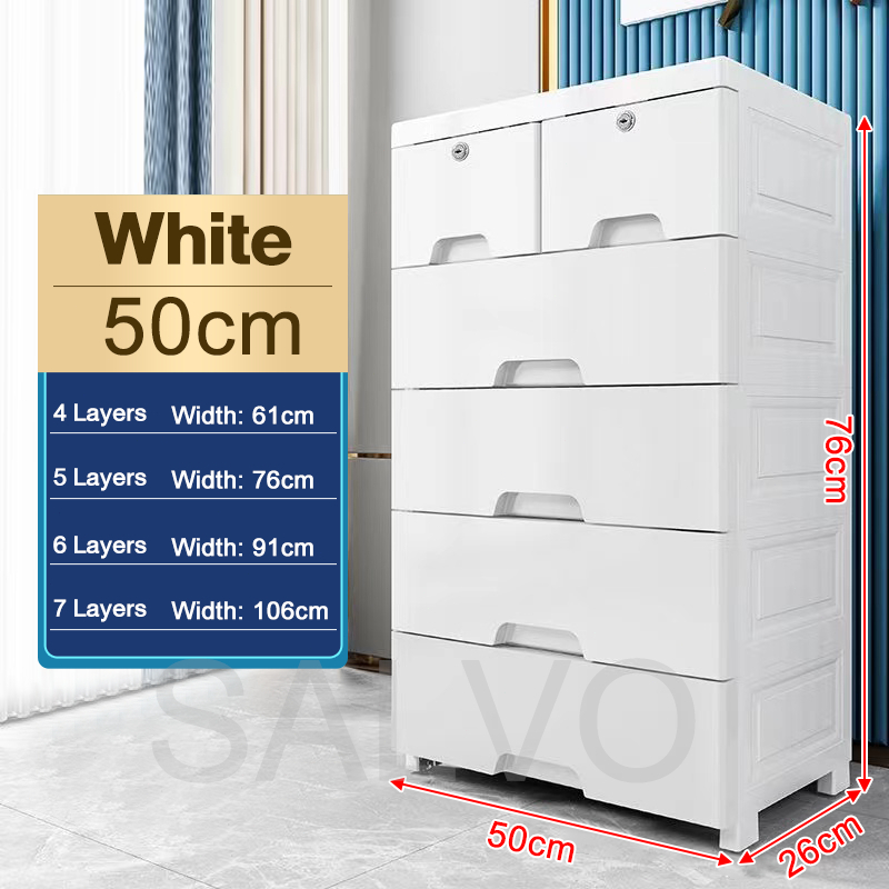 Drawer Storage Cabinet Plastic Storage Wardrobe with Lock - White (5 Tier) L50cm - Image 1
