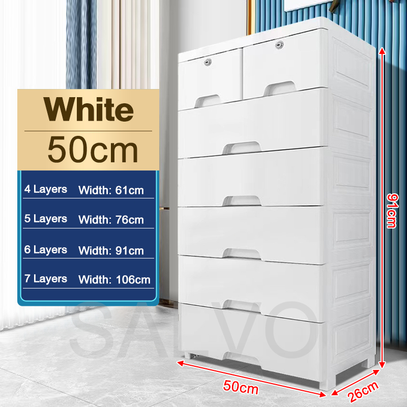Drawer Storage Cabinet Plastic Storage Wardrobe with Lock - White (6 Tier) L50cm - Image 1