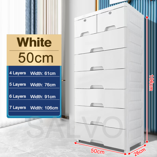 Drawer Storage Cabinet Plastic Storage Wardrobe with Lock - White (7 Tier) L50cm