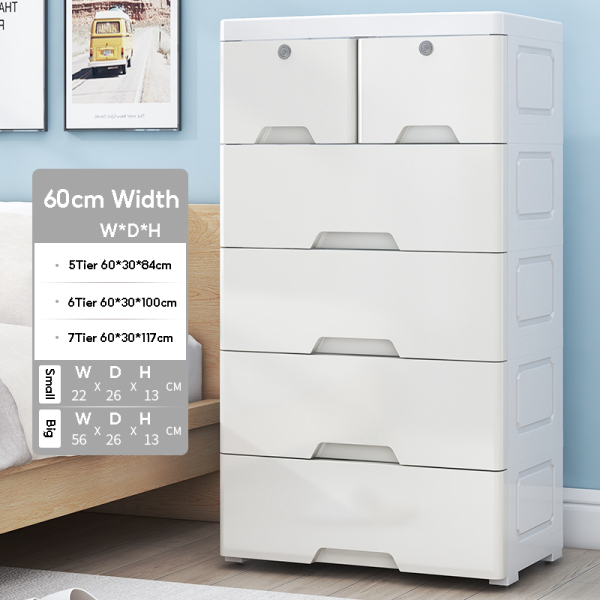 Drawer Storage Cabinet Plastic Storage Wardrobe with Lock - White (5 Tier) L60cm