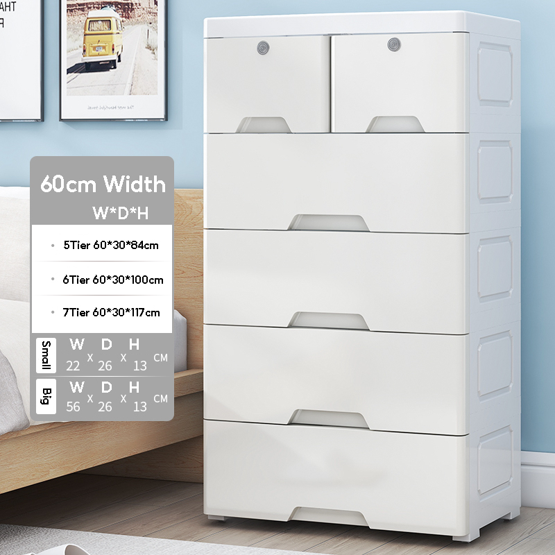 Drawer Storage Cabinet Plastic Storage Wardrobe with Lock - White (5 Tier) L60cm - Image 1