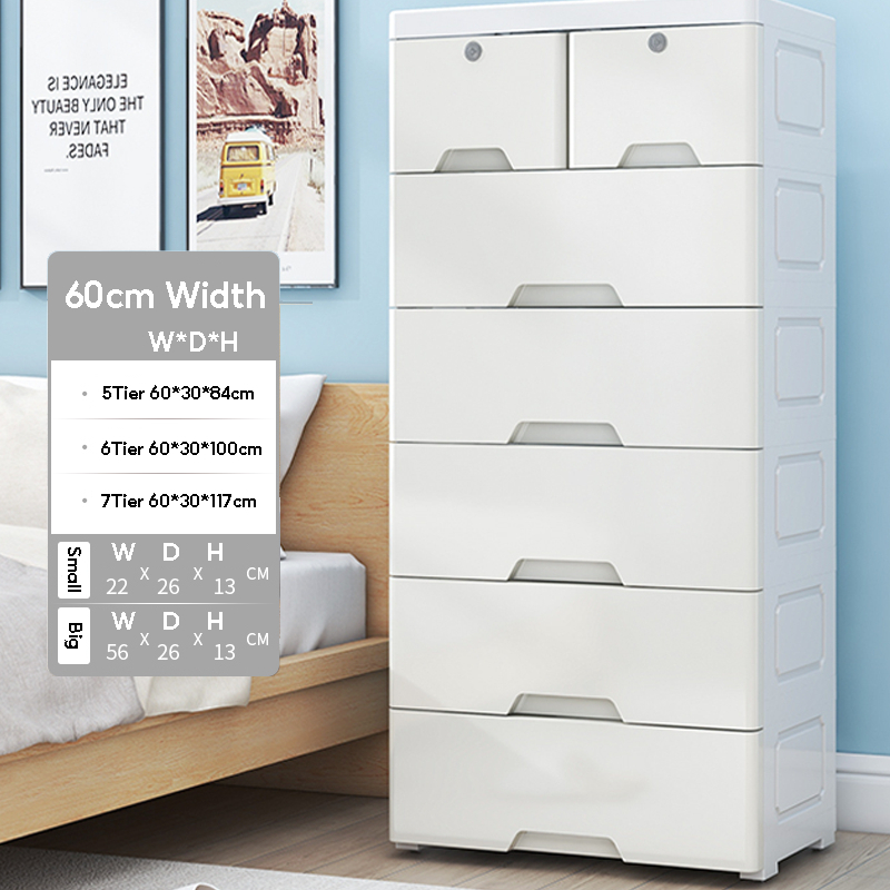 Drawer Storage Cabinet Plastic Storage Wardrobe with Lock - White (6 Tier) L60cm - Image 1