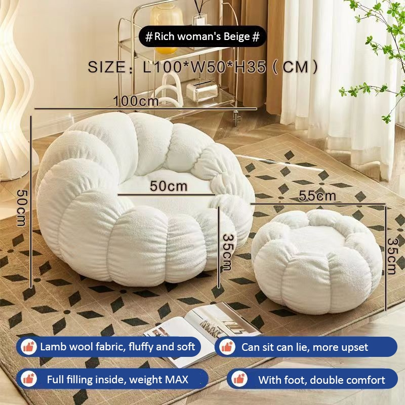 Lazy sofa Couch Lounge Mute Chair Armchair Small Pumpkin Chair Living Room Bedroom Bean Bag Cover with Filling - White - Image 1