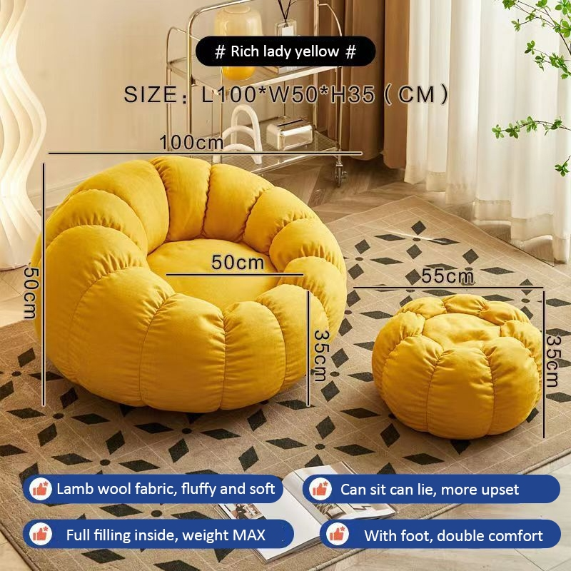 Lazy sofa Couch Lounge Mute Chair Armchair Small Pumpkin Chair Living Room Bedroom Bean Bag Cover with Filling - Yellow - Image 1
