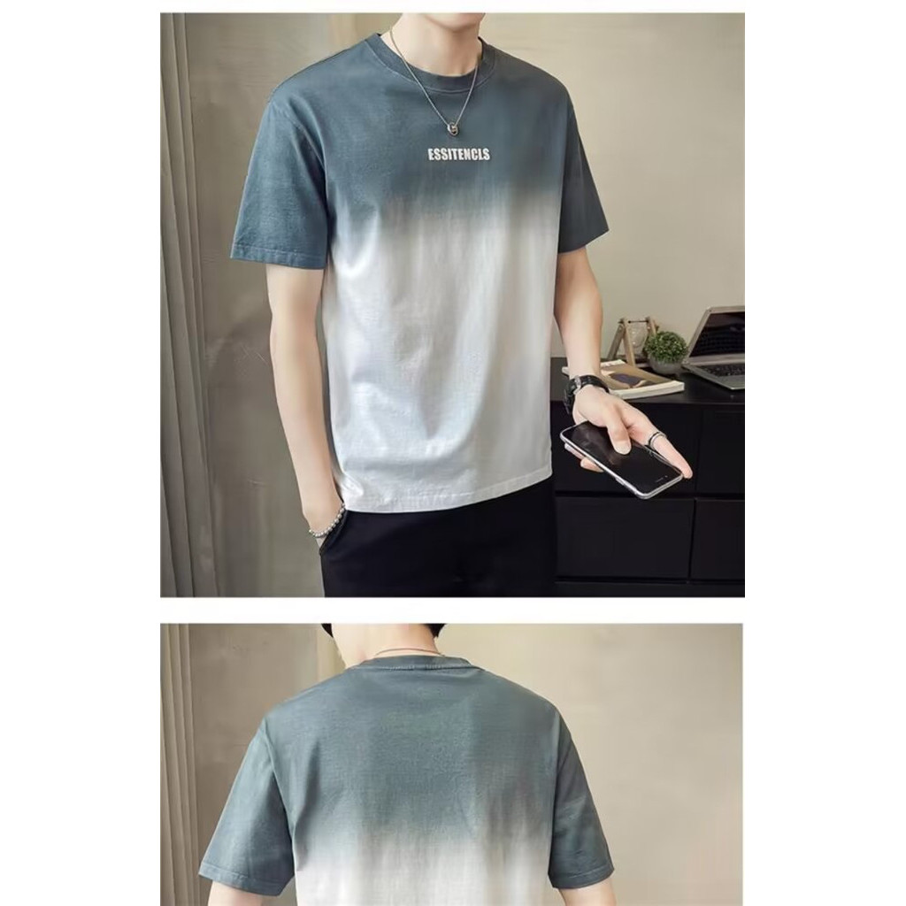 Korean Style Men Gradient Color Basic Loose Oversize Round Neck T-Shirt - Grey - Image 2