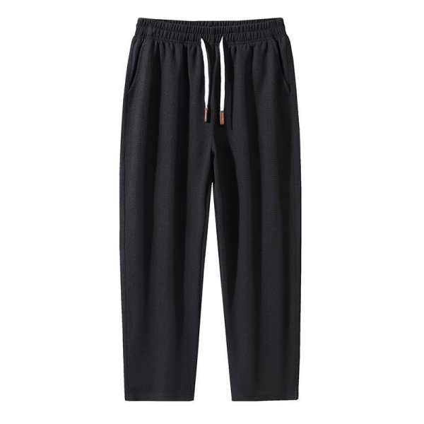 Men Casual Long Pants Cropped Trouser Drawstring Jogger Pant - Black