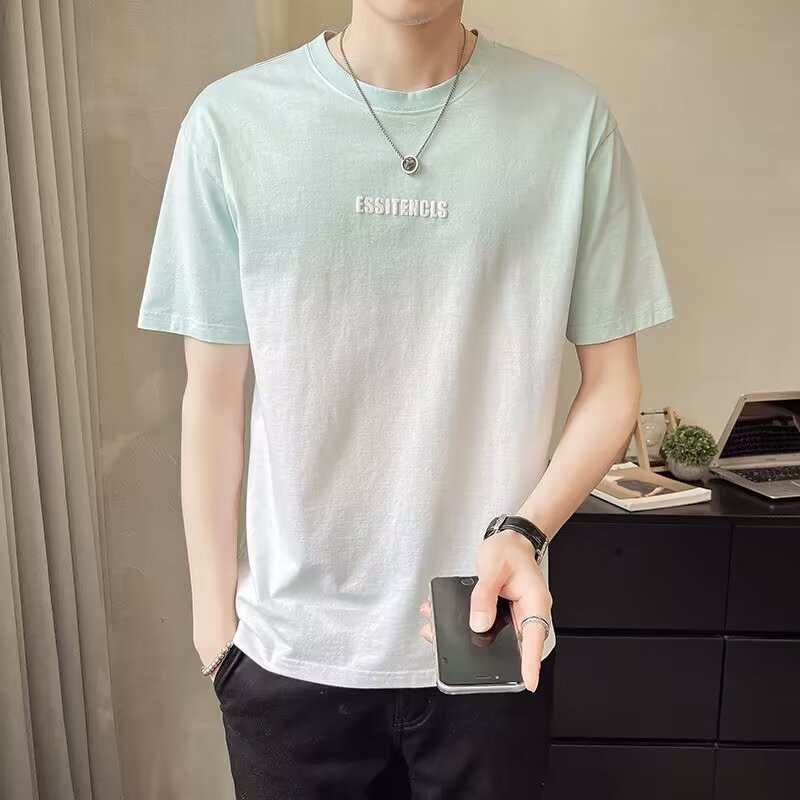 Korean Style Men Gradient Color Basic Loose Oversize Round Neck T-Shirt - Blue - Image 1
