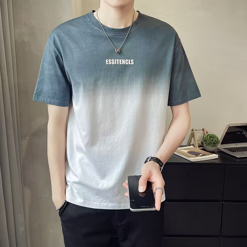Korean Style Men Gradient Color Basic Loose Oversize Round Neck T-Shirt - Grey - Image 1