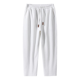 Men Casual Long Pants Cropped Trouser Drawstring Jogger Pant - White