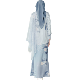 Cannalily Curvy Printed Lacey Baju Kurung - Greyish Blue - Image 7