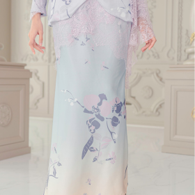 Cannalily Curvy Printed Lacey Baju Kurung - Greyish Blue - Image 3