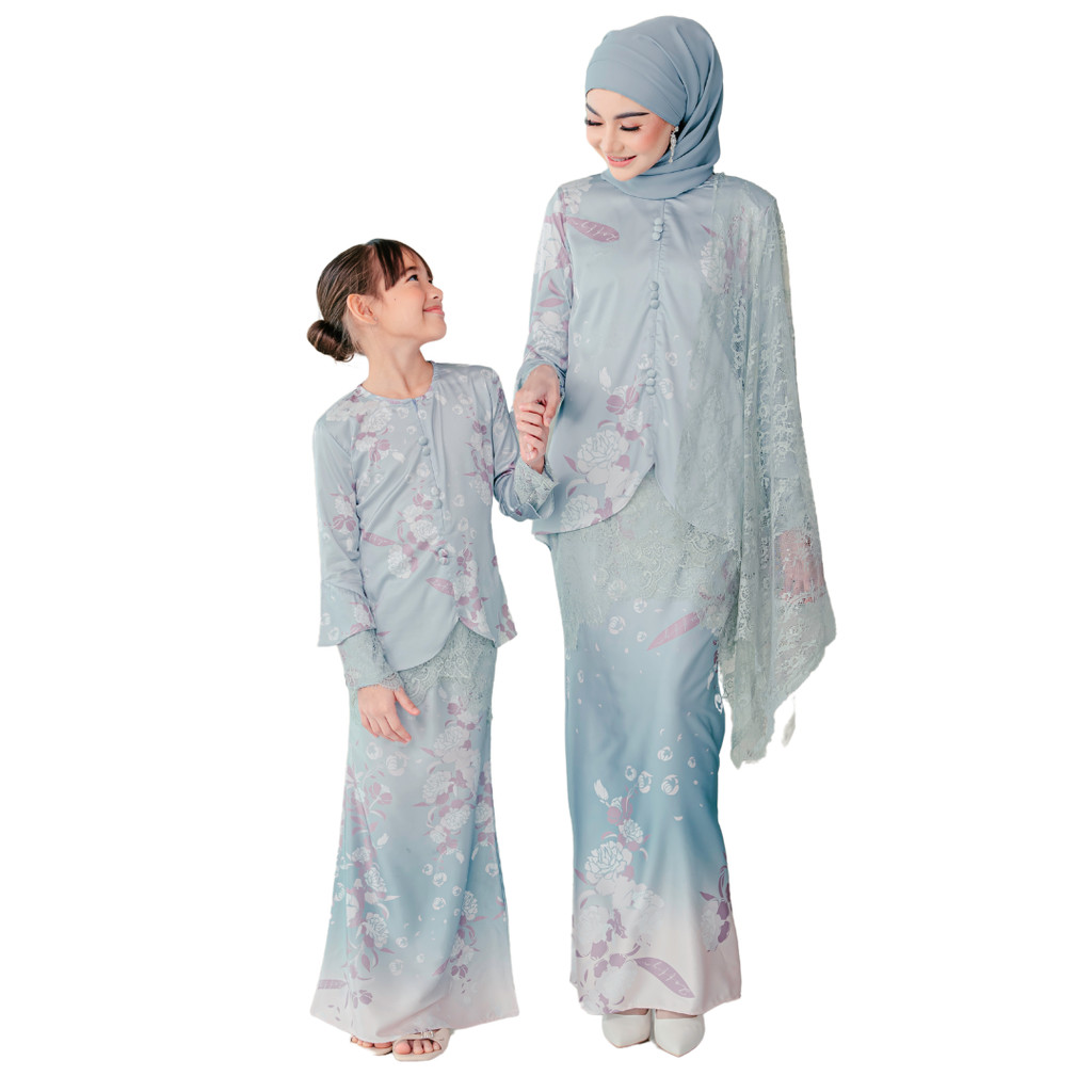 Cannalily Curvy Printed Lacey Baju Kurung - Greyish Blue - Image 6