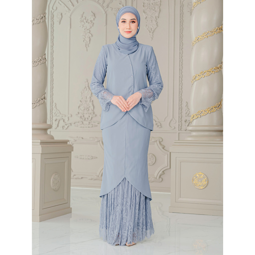 Clara Lace Baju Kurung - Ash Blue - Image 1