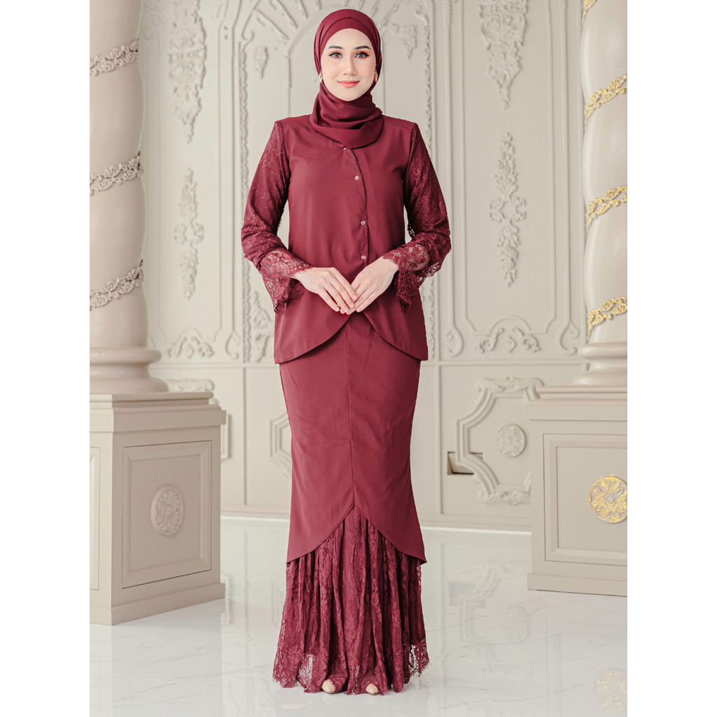 Clara Lace Baju Kurung - Burgundy Maroon - Image 1