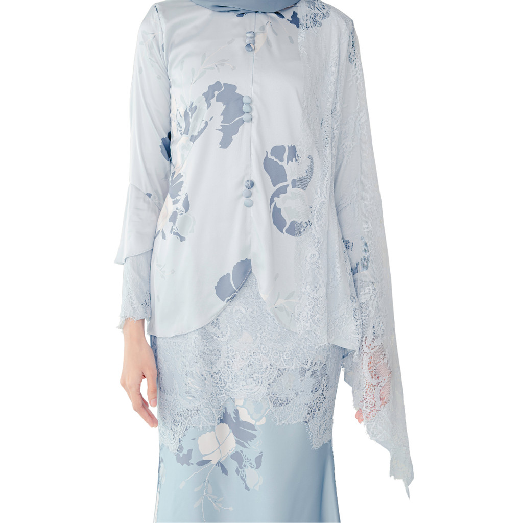 Cannalily Curvy Printed Lacey Baju Kurung - Greyish Blue - Image 8