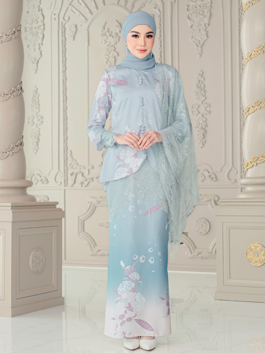 Cannalily Curvy Printed Lacey Baju Kurung - Greyish Blue - Image 4