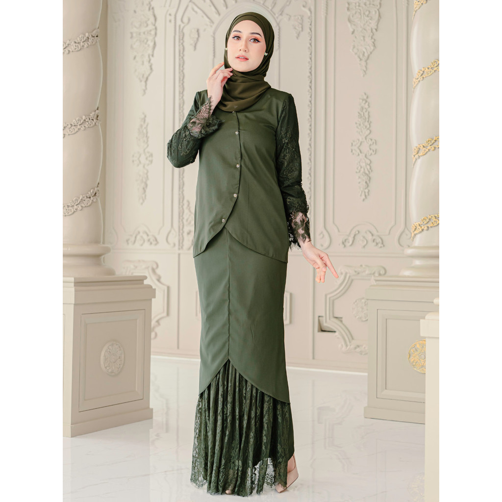 Clara Lace Baju Kurung- Deep Olive - Image 1
