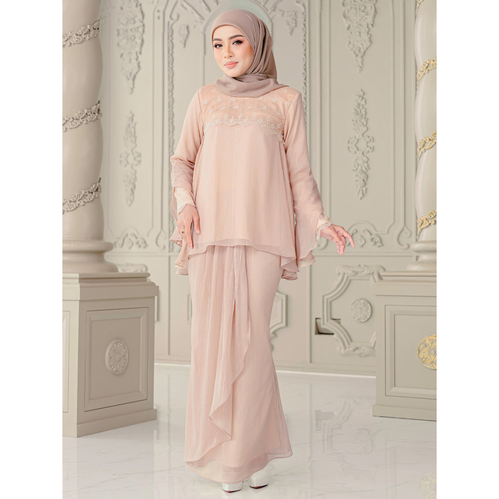 Indah Doll Tulle Lace Baju Kurung - Gold Champagne - Image 1