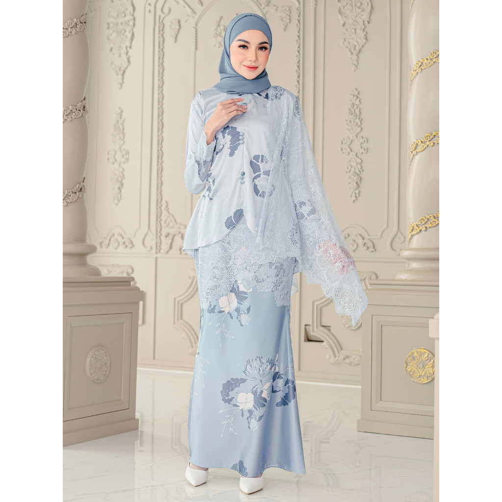 Cannalily Curvy Printed Lacey Baju Kurung - Greyish Blue - Image 1