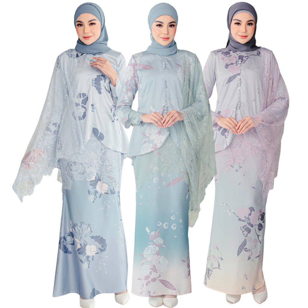 Cannalily Curvy Printed Lacey Baju Kurung - Greyish Blue - Image 2