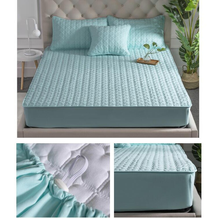 Waterproof Mattress Protector Cover Patchwork Fitted Bedsheet Set - Dark Pink - Image 9