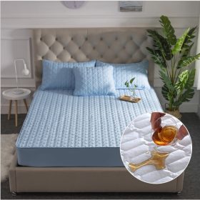 Waterproof Mattress Protector Cover Patchwork Fitted Bedsheet Set - Blue - Image 1