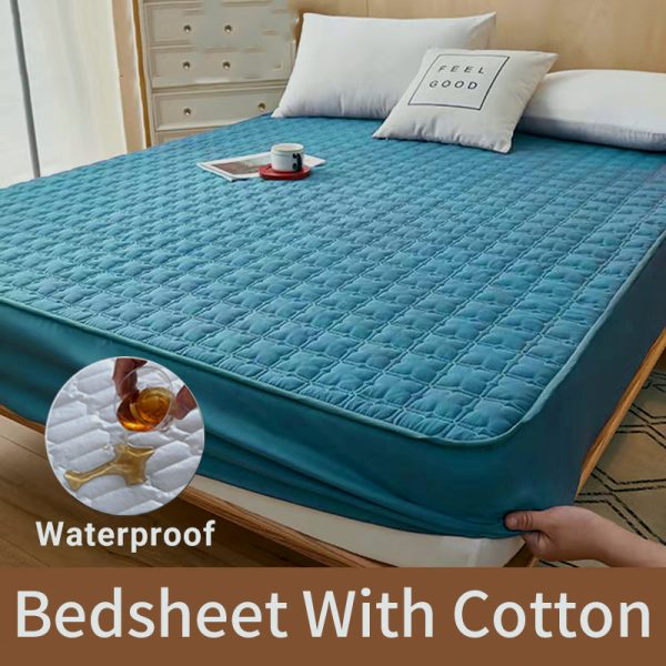 Waterproof Mattress Protector Cover Patchwork Fitted Bedsheet Set - Dark Blue
