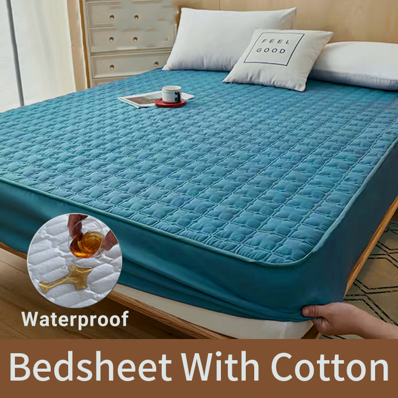Waterproof Mattress Protector Cover Patchwork Fitted Bedsheet Set - Dark Blue - Image 1