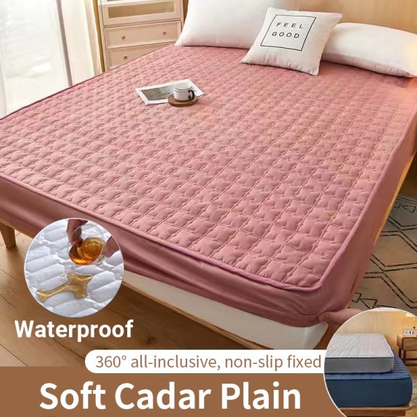 Waterproof Mattress Protector Cover Patchwork Fitted Bedsheet Set - Dark Pink