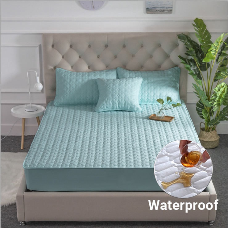 Waterproof Mattress Protector Cover Patchwork Fitted Bedsheet Set - Green - Image 1