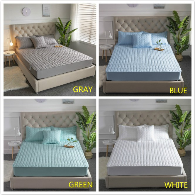 Waterproof Mattress Protector Cover Patchwork Fitted Bedsheet Set - Dark Pink - Image 2