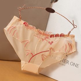 Mesh Women Panties Lace Embroidery Ultra-Thin Seamless Breathable Pure Cotton Lining Charming Sexy - Apricot - Image 1
