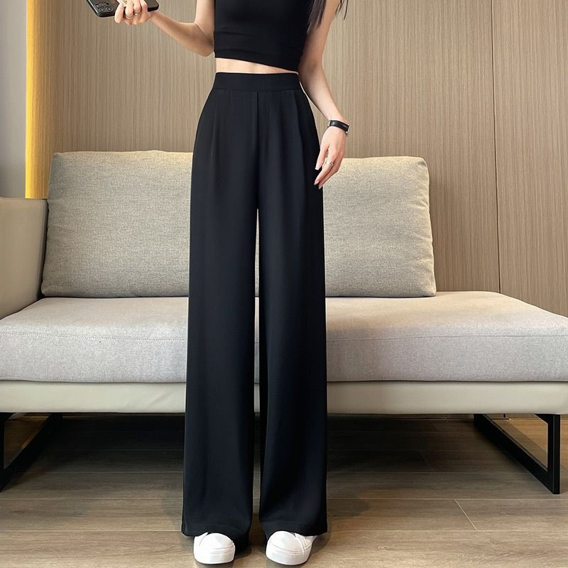 Women Pants Plus Size High Waist Drape Wide Leg Pants Thin Casual Narrow Version Small Straight - Black - Image 1
