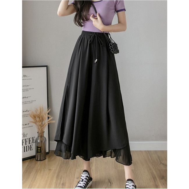 Women Long Pants Chiffon Wide Leg Pants High Waist Draped Bootcut Palazzo Pants - Black - Image 1
