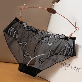 Mesh Women Panties Lace Embroidery Ultra-Thin Seamless Breathable Pure Cotton Lining Charming Sexy - Black