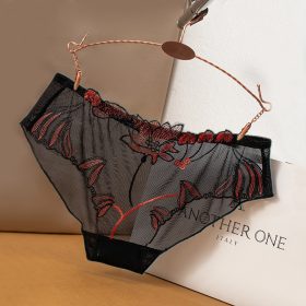Mesh Women Panties Lace Embroidery Ultra-Thin Seamless Breathable Pure Cotton Lining Charming Sexy - Black (Burgundy)