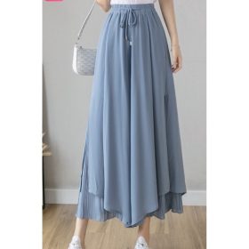 Women Long Pants Chiffon Wide Leg Pants High Waist Draped Bootcut Palazzo Pants - Blue - Image 1