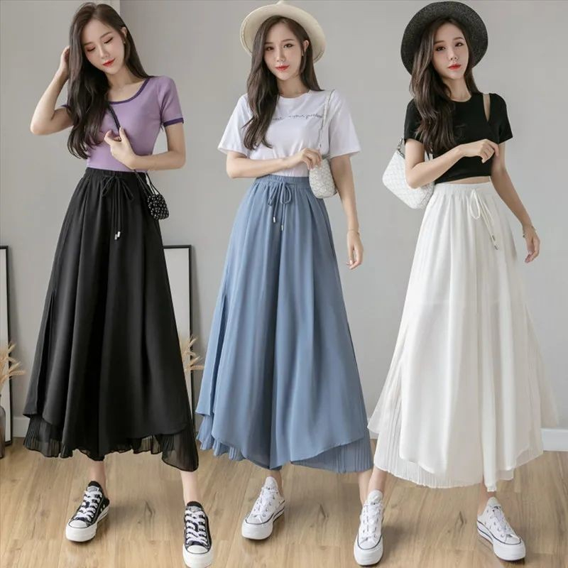Women Long Pants Chiffon Wide Leg Pants High Waist Draped Bootcut Palazzo Pants - Blue - Image 2