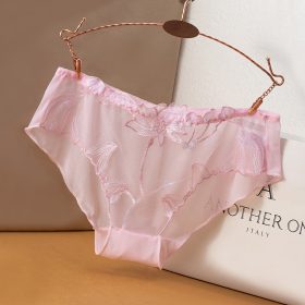 Mesh Women Panties Lace Embroidery Ultra-Thin Seamless Breathable Pure Cotton Lining Charming Sexy - Pink