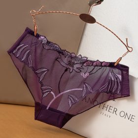 Mesh Women Panties Lace Embroidery Ultra-Thin Seamless Breathable Pure Cotton Lining Charming Sexy - Purple